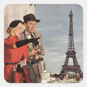 Sticker Carré Touristes vintage à la Tour Eiffel, vacances à Par