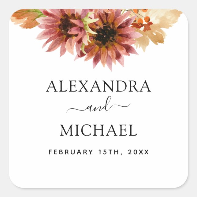 Sticker Carré Tournesol Bourgogne Pays Aquarelle Sceau Mariage (Devant)