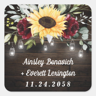 Sticker Carré Tournesol et rose rouge bordeaux Mariage rustique