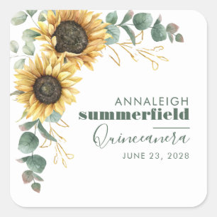 Sticker Carré Tournesol Floral Eucalyptus Quinceanera 15e Fête