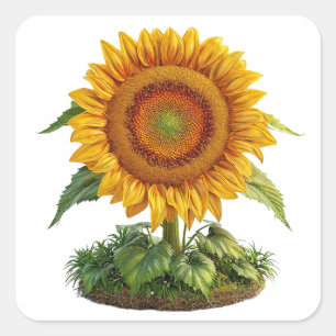 Sticker Carré Tournesol lumineux en pleine floraison avec feuill