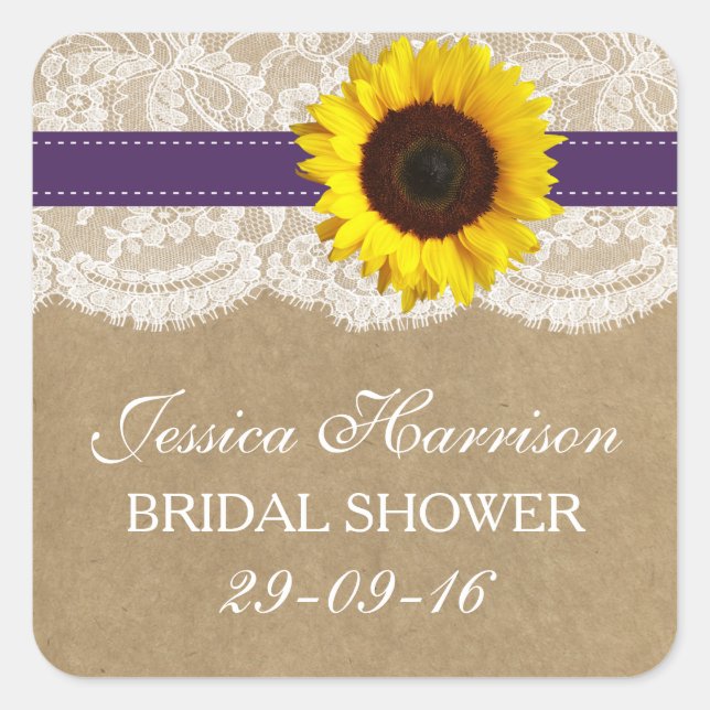 Sticker Carré Tournesol rustique, Fête des mariées Burlap & dent (Devant)