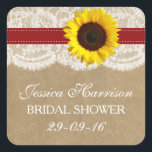 Sticker Carré Tournesol rustique, Fête des mariées Kraft & dente<br><div class="desc">Ces autocollants rustiques tournesol, kraft & dentelle de douche nuptiale seront l'accessoire parfait pour toute future mariée ! Le design est composé d'un arrière - plan rustique à effet kraft avec une coupe vintage romantique à effet de dentelle blanche finie avec un superbe tournesol et ruban rouge. Ces autocollants peuvent...</div>