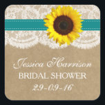 Sticker Carré Tournesol rustique, Fête des mariées Kraft & dente<br><div class="desc">Ces autocollants rustiques tournesol, kraft & dentelle de douche nuptiale seront l'accessoire parfait pour toute future mariée ! Le design comprend un joli arrière - plan rustique effet kraft avec une coupe d'effet de dentelle vintage romantique finie par un magnifique tournesol et ruban turquoise. Ces autocollants peuvent être personnalisés pour...</div>