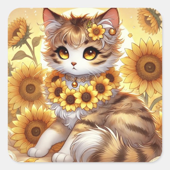 Sticker Carré Tournesol Tabby Princesse Chat (Devant)