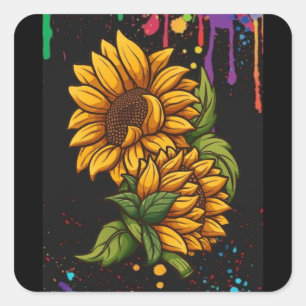 Sticker Carré Tournesols dessiner art, tournesols amour
