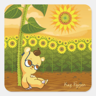 Sticker Carré Tournesols et ours de Kawaii