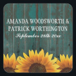 Sticker Carré Tourquoise Bois Rustique Tournesol Mariage Faveurs<br><div class="desc">Turquoise Country Grange Wood Rustic Sunflower Wedding Favors Stickers Carré - utilisez ces stickers pour habiller les enveloppes sur les faveurs pour les invités ou ce que vous voulez. Doté d'une grange rustique turquoise en mauvais état ou d'un arrière - plan en bois avec des tournesols au fond.</div>