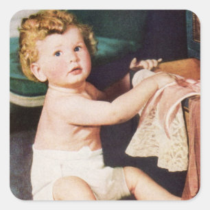 Sticker Carré Tout-petit mignon vintage jouant avec la commode à