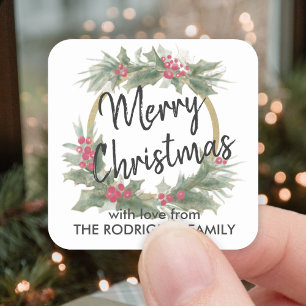 Sticker Carré Tout texte Aquarelle Holly Wreath Élégant Noël