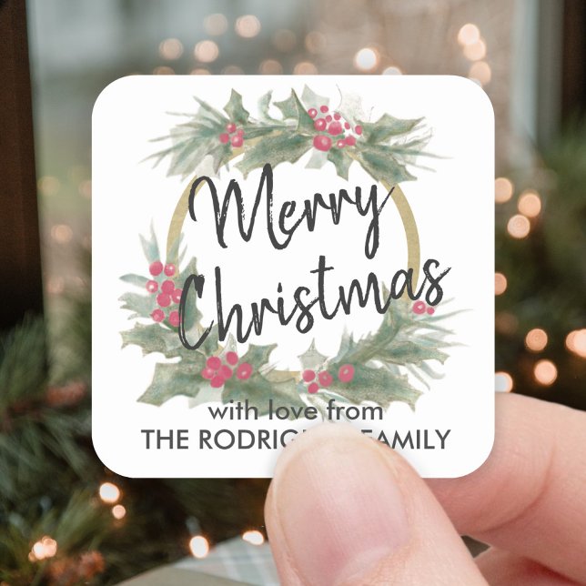 Sticker Carré Tout texte Aquarelle Holly Wreath Élégant Noël (Créateur téléchargé)