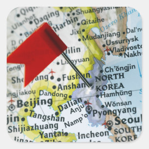 Sticker Carré Tracez la goupille placée sur la Corée du Nord sur