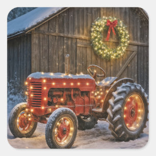 Sticker Carré Tracteur agricole rouge de Noël avec couronne lumi