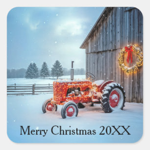 Sticker Carré Tracteur agricole rouge de Noël dans la neige