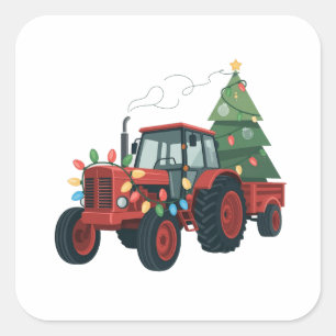 Sticker Carré Tracteur avec remorque Santa ferme agriculteur Noë