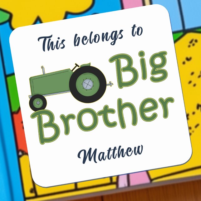 Sticker Carré Tracteur vert Big Brother personnalisé (Big Brother Green Tractor Personalized Square Sticker)