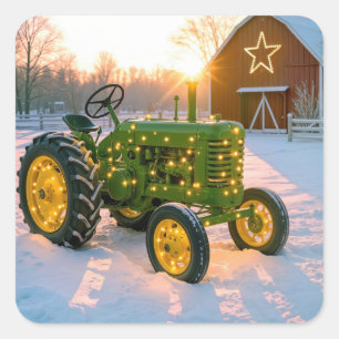 Sticker Carré Tracteur vert vintage de Noël avec grange rouge