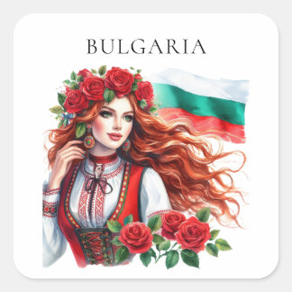 Sticker Carré Tradition du drapeau bulgare Folklore Femme Roses