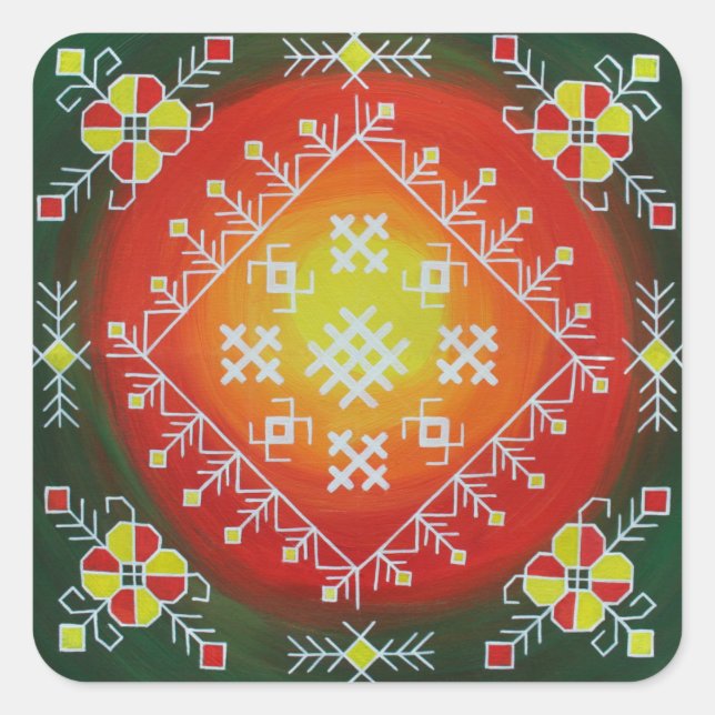 Sticker Carré Traditional Latvian folk art with symbols painting (Devant)