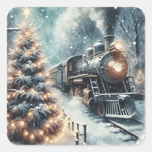 Sticker Carré Train à l'ancienne et scène d'hiver Vintage