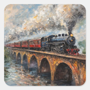 Sticker Carré Train à vapeur sur un pont - Peinture à l'huile