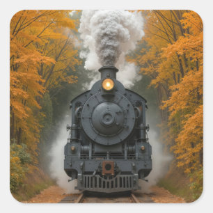 Sticker Carré Train à vapeur vintage dans les bois d'automne