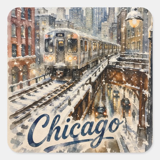 Sticker Carré Train de l'El de Chicago dans la neige d'hiver (Devant)