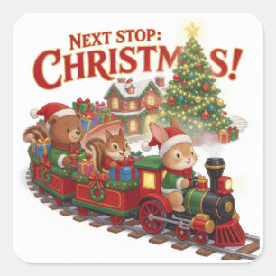 Sticker Carré Train de Noël, amis des animaux de la forêt