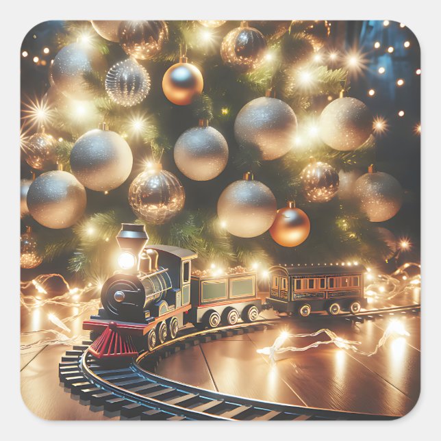 Sticker Carré Train de Noël or à l'ancienne sous l'arbre (Devant)