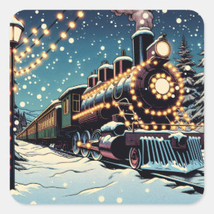 Sticker Carré Train Vintage à l'ancienne pour une nuit de Noël