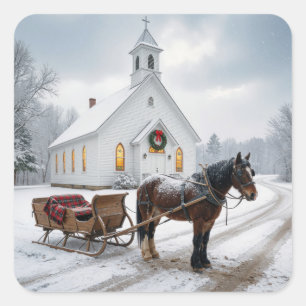 Sticker Carré Traîneau à cheval de Noël attendant près d'une cha