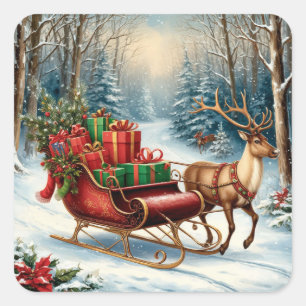 Sticker Carré Traîneau du Père Noël à travers la forêt de Noël e