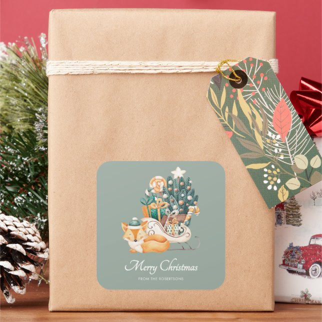 Sticker Carré Traîneaux de Noël Renard à l'aquarelle Vert de fêt (vacances)