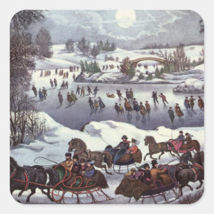 Sticker Carré Traîneaux de Noël vintage, Central Park en hiver