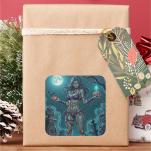 Sticker Carré Traite d'Halloween ou ami Zombie w Cerveau