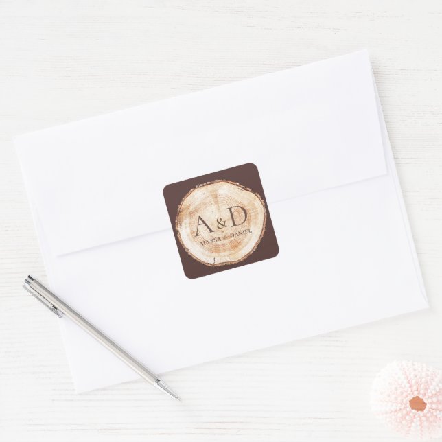 Sticker Carré Tranche de bois de mariage rustique monogramme per (Enveloppe)