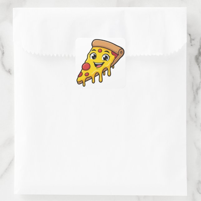 Sticker Carré Tranche de pizza drôle et heureuse avec fromage ex (Sac)