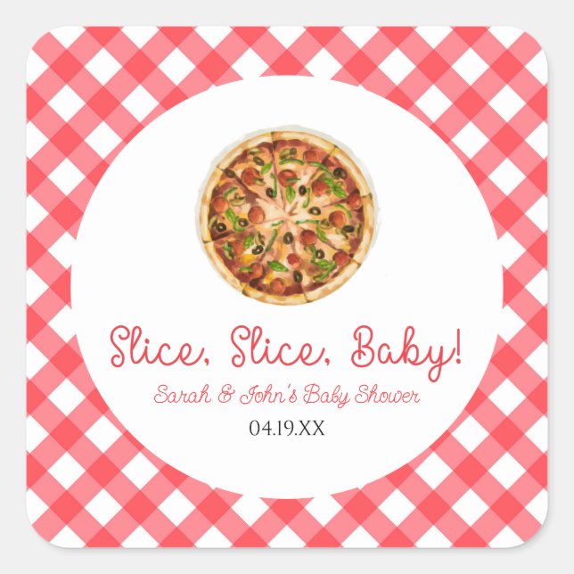 Sticker Carré Trancher, Trancher, Bébé ! Baby shower à la pizza (Devant)