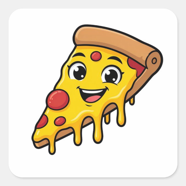 Sticker Carré Tranches de pizza drôle et heureuse avec fromage e (Devant)