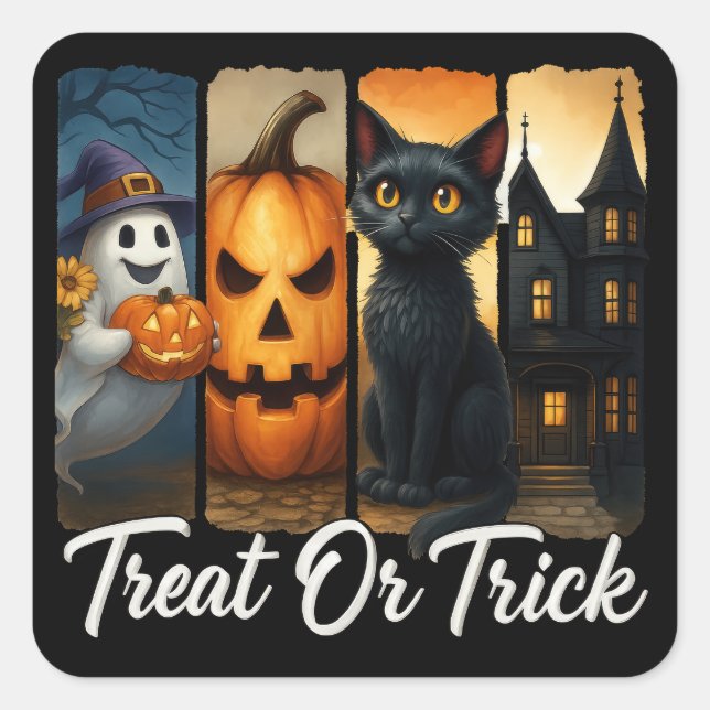 Sticker Carré "Treat or Trick" Halloween Brush Stroke Chat (Devant)
