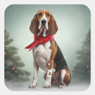 Sticker Carré Treeing Walker Coonhound dans la neige de Noël