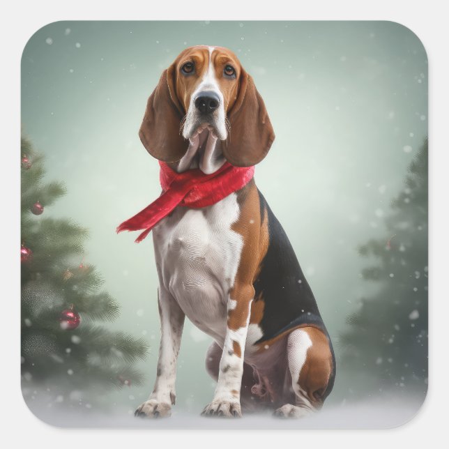 Sticker Carré Treeing Walker Coonhound dans la neige de Noël (Devant)