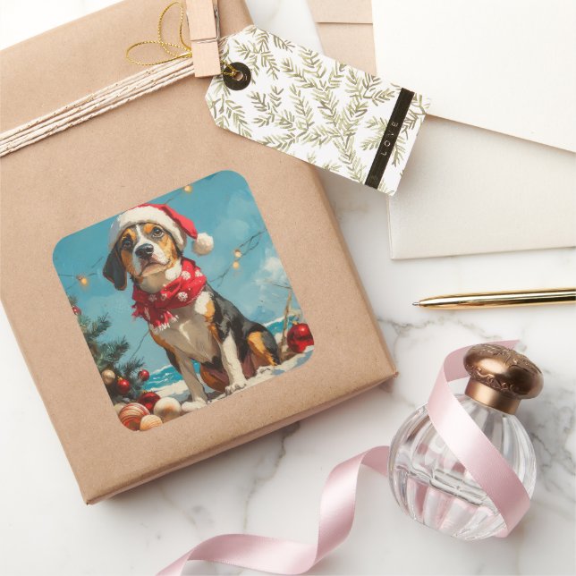 Sticker Carré Treeing Walker Coonhound Noël Vintage Plage (Cadeaux)