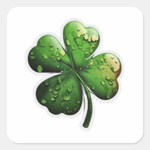 Sticker Carré Trèfle à quatre feuilles Lucky Green avec rosée