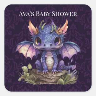 Sticker Carré Trendy Damask Purple Dragon Girl Baby shower garço