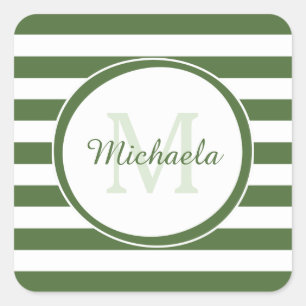 Sticker Carré Trendy Dark Green Awning Stripes Monogramme et nom
