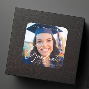 Sticker Carré Trendy Graduation Photo White Script Overlay