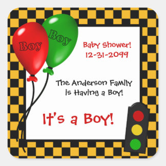 Sticker Carré Trendy Race Car Checkers Baby shower garçon