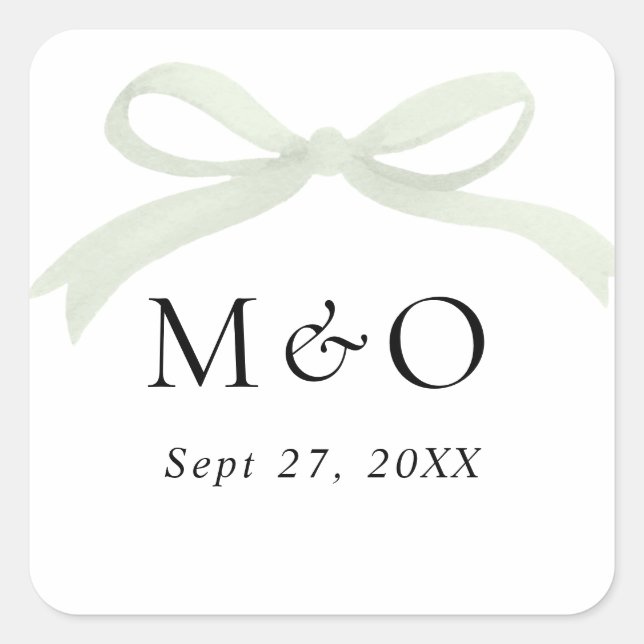 Sticker Carré Trendy Sage Green Bow Watercolor Monogram Wedding (Devant)
