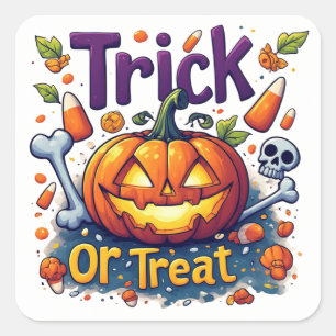 Sticker Carré Trick Or Treat Citrouille Bonbons Crâne Halloween